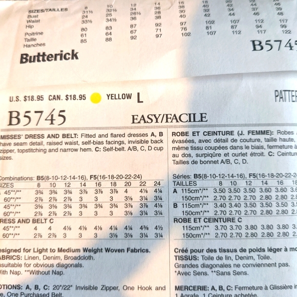 Butterick B5745 size F5 (16-18-20-22-24) pattern only - Picture 3 of 3